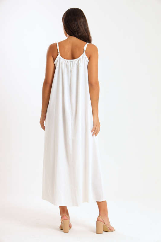 Ladies Linen Blend Strappy Maxi Dress with Bead Detail