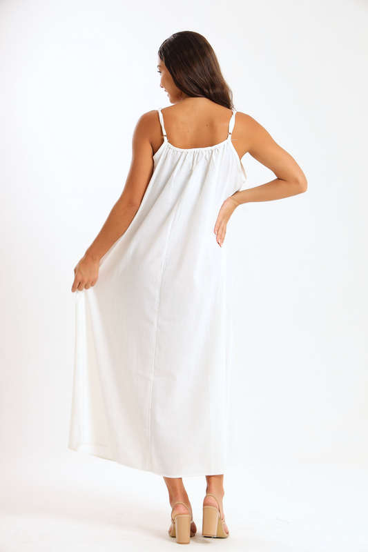 Ladies Linen Blend Strappy Maxi Dress with Bead Detail