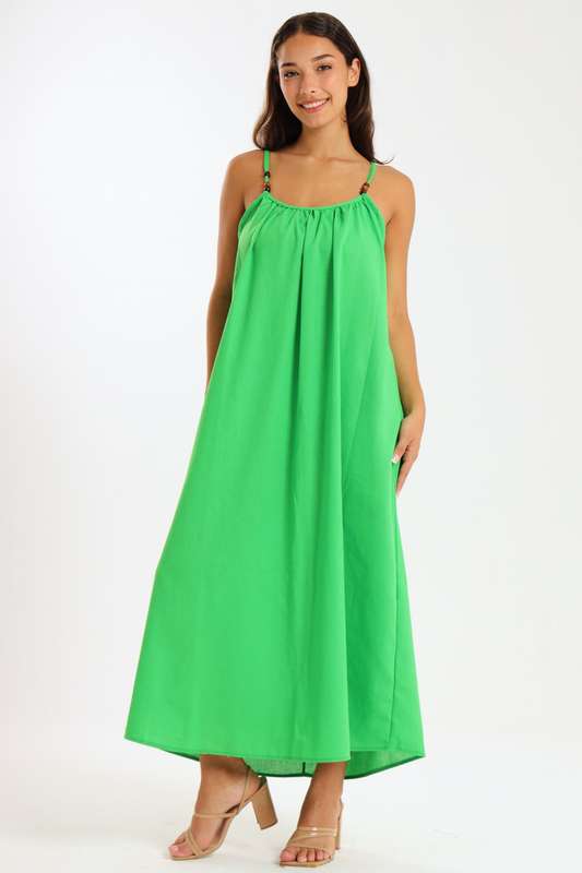 Ladies Linen Blend Strappy Maxi Dress with Bead Detail
