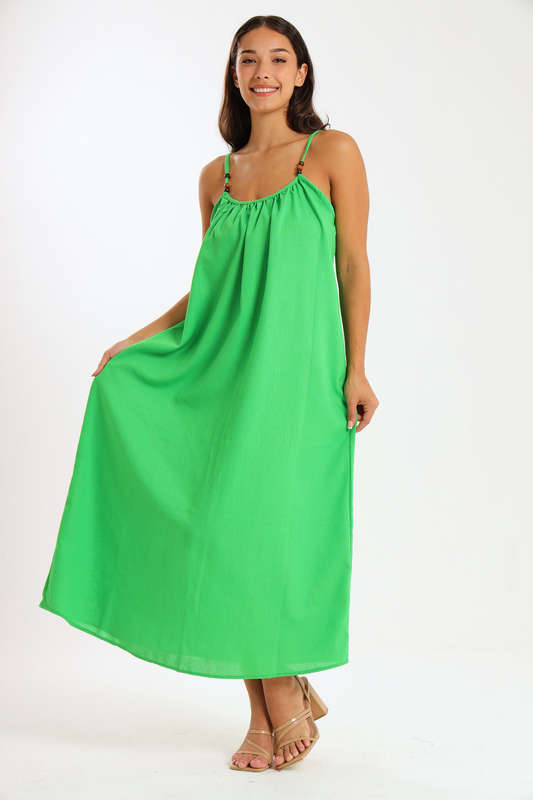 Ladies Linen Blend Strappy Maxi Dress with Bead Detail