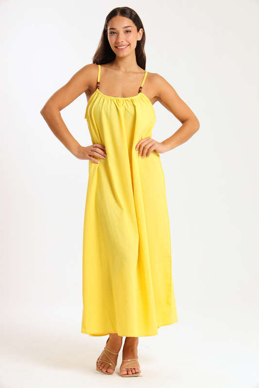 Ladies Linen Blend Strappy Maxi Dress with Bead Detail