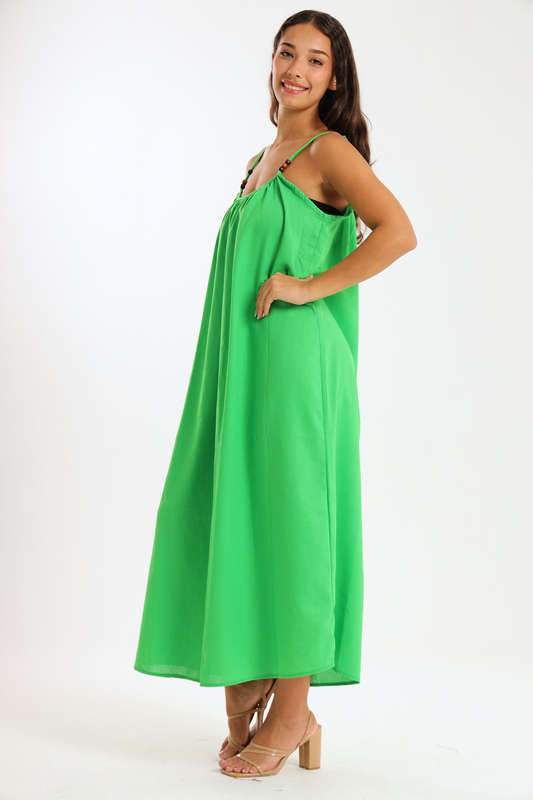 Ladies Linen Blend Strappy Maxi Dress with Bead Detail