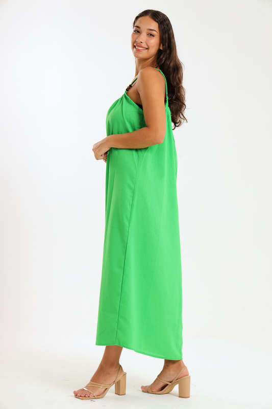 Ladies Linen Blend Strappy Maxi Dress with Bead Detail