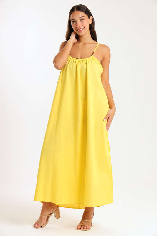 Ladies Linen Blend Strappy Maxi Dress with Bead Detail