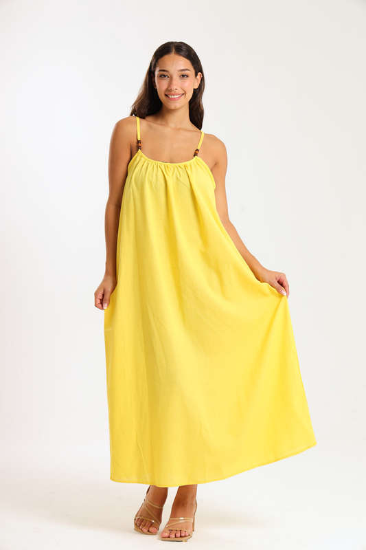 Ladies Linen Blend Strappy Maxi Dress with Bead Detail