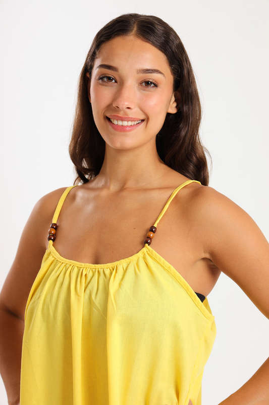Ladies Linen Blend Strappy Maxi Dress with Bead Detail
