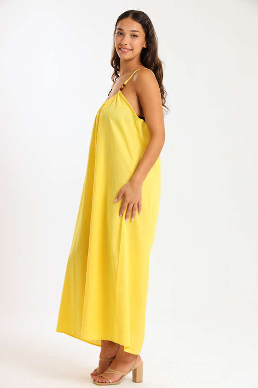Ladies Linen Blend Strappy Maxi Dress with Bead Detail