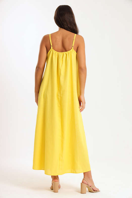 Ladies Linen Blend Strappy Maxi Dress with Bead Detail