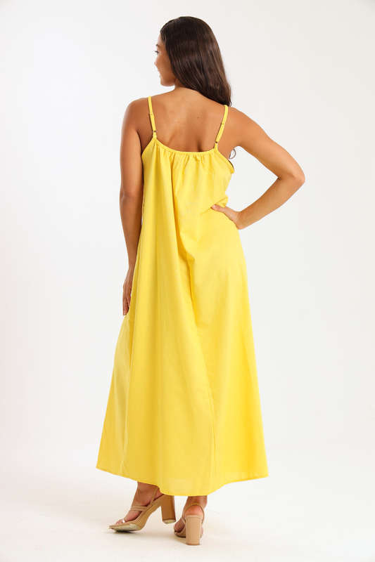 Ladies Linen Blend Strappy Maxi Dress with Bead Detail