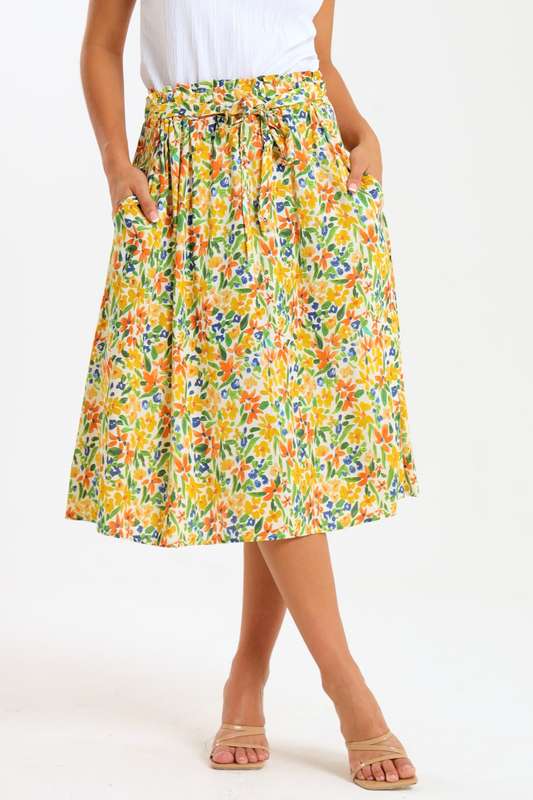 Ladies Printed Belted Skirt With Pockets