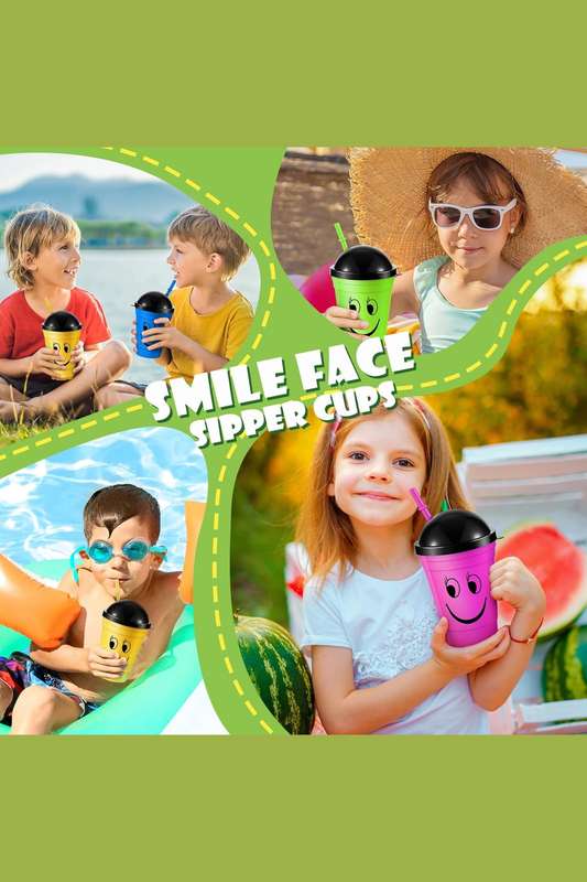Senza® 4 Pack Face Sipper Party Cups with Lids and Straws for Kids 350 ml