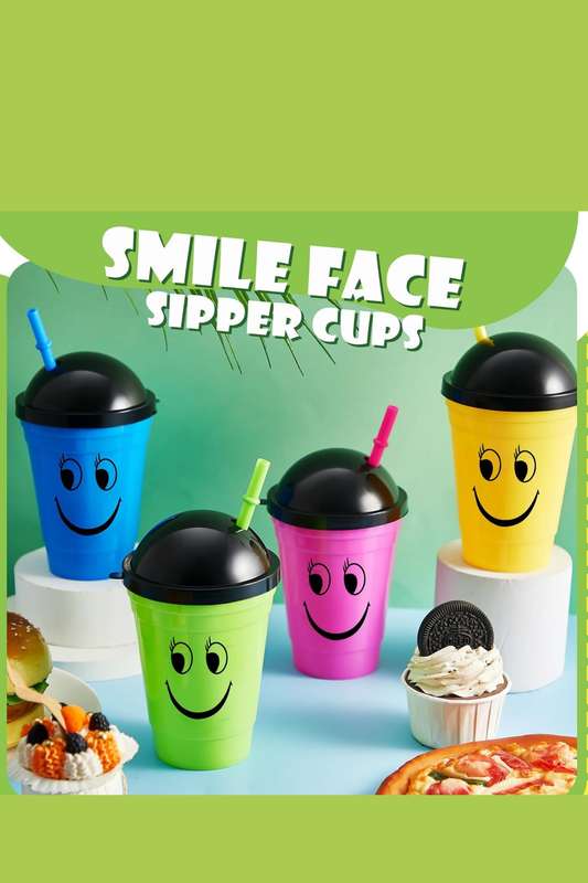 Senza® 4 Pack Face Sipper Party Cups with Lids and Straws for Kids 350 ml