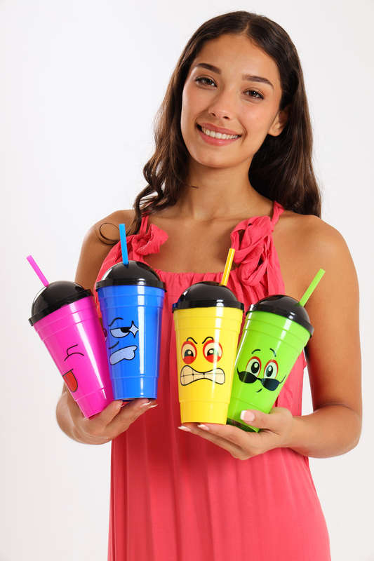 Senza® 4 Pack Face Sipper Party Cups with Lids and Straws for Kids 350 ml