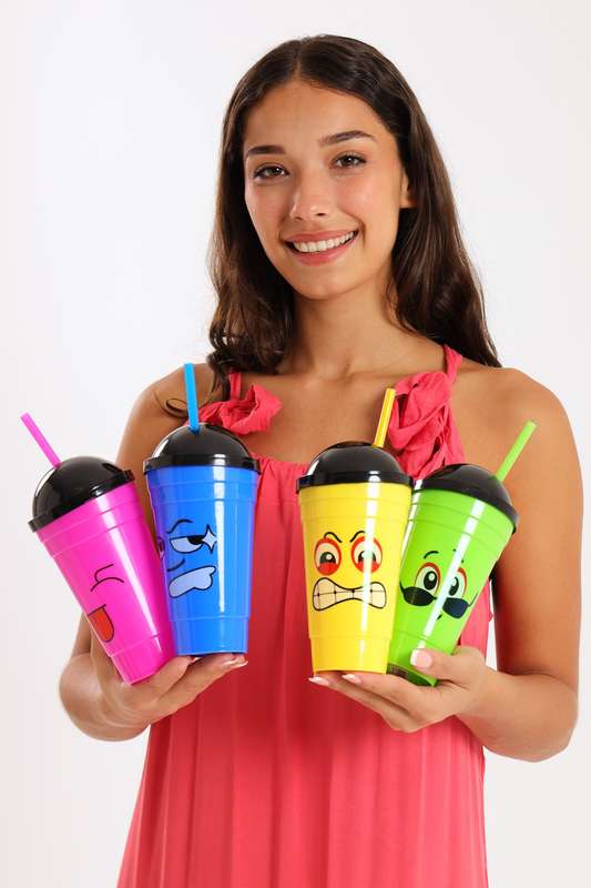 Senza® 4 Pack Face Sipper Party Cups with Lids and Straws for Kids 350 ml