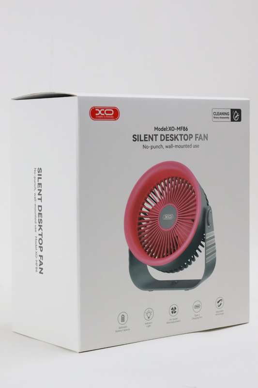 XO MF86 Rechargeable Silent Desktop or Wall Mounted Fan With 4 Speed Adjustment Pink 3600mAh
