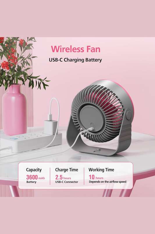XO MF86 Rechargeable Silent Desktop or Wall Mounted Fan With 4 Speed Adjustment Pink 3600mAh