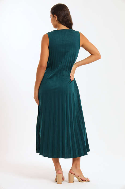 Allegra Sleeveless Pleated Ruffle Hem Crew Neck Elegant Midi Dress