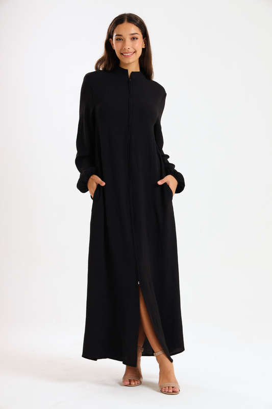 Aafreen Zipp-Up Long Sleeve Loose Fit Black Abaya Cloak Dress With Pockets