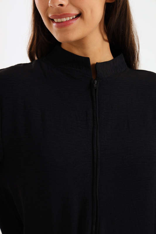Aafreen Zipp-Up Long Sleeve Loose Fit Black Abaya Cloak Dress With Pockets