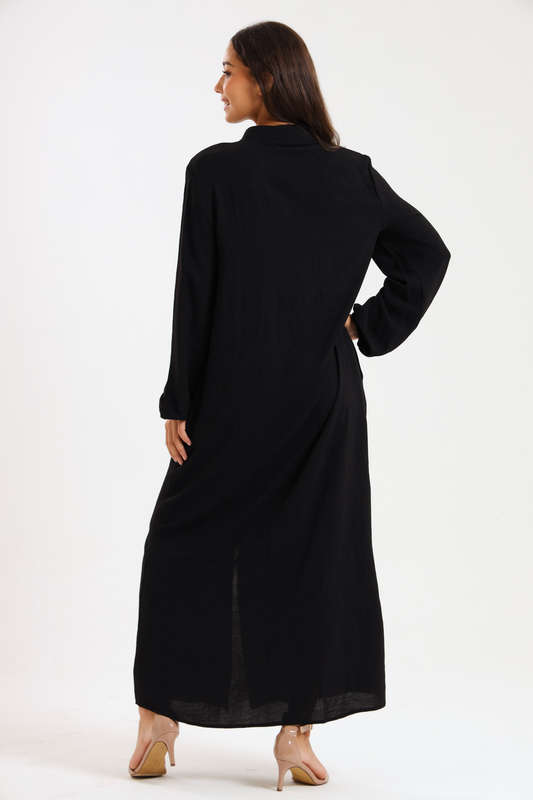 Aafreen Zipp-Up Long Sleeve Loose Fit Black Abaya Cloak Dress With Pockets