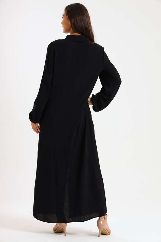 Aafreen Zipp-Up Long Sleeve Loose Fit Black Abaya Cloak Dress With Pockets