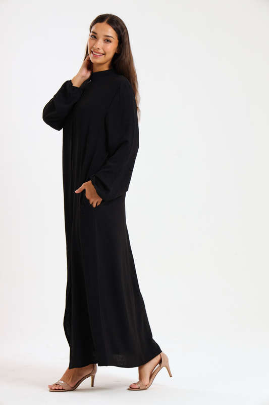 Aafreen Zipp-Up Long Sleeve Loose Fit Black Abaya Cloak Dress With Pockets