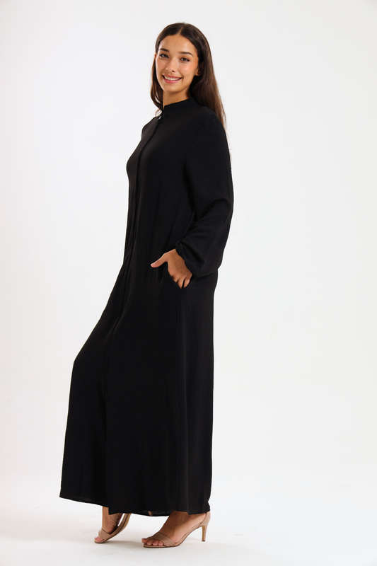 Aafreen Zipp-Up Long Sleeve Loose Fit Black Abaya Cloak Dress With Pockets