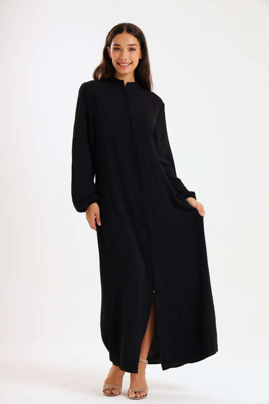 Aafreen Zipp-Up Long Sleeve Loose Fit Black Abaya Cloak Dress With Pockets