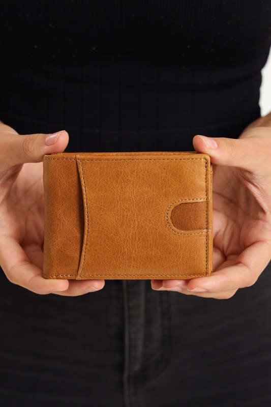 Camel Mountain Bi-Fold Geniun Leather Multiple Slot Card Wallet With Coin Pocket