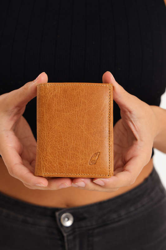 Camel Mountain Tri-Fold Geniun Leather Multiple Slot Card Wallet With Coin Pocket