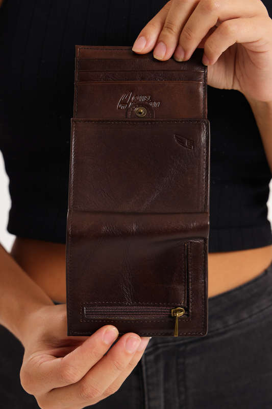 Camel Mountain Tri-Fold Geniun Leather Multiple Slot Card Wallet With Coin Pocket