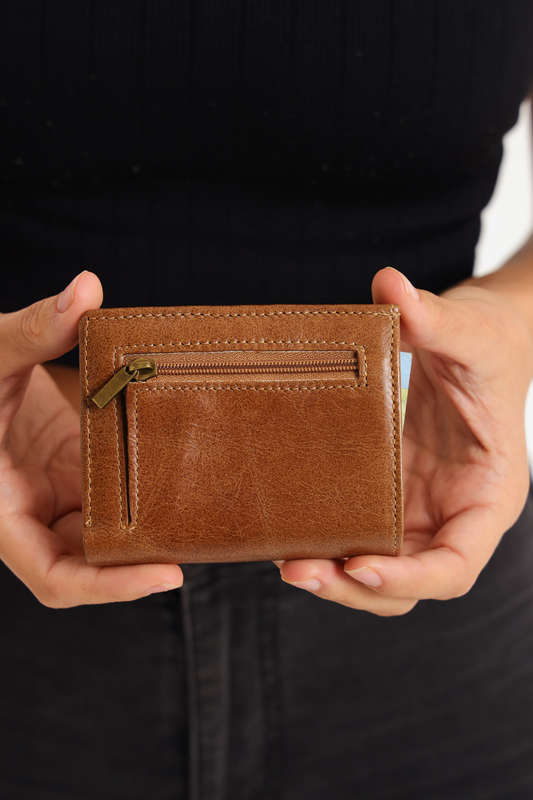 Camel Mountain Tri-Fold Geniun Leather Multiple Slot Card Wallet With Coin Pocket