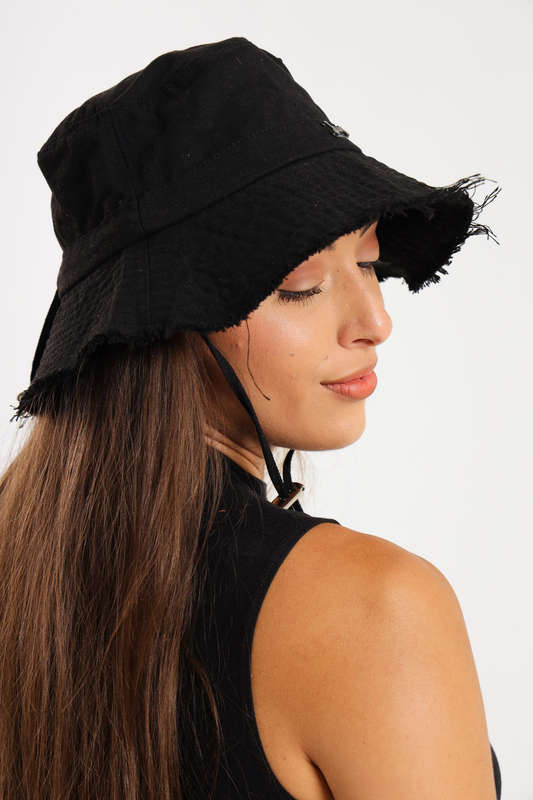 Denim Drawstring Frayed Bucket Hat For Men or Ladies