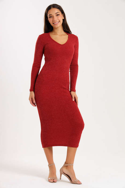 Ladies Italian Ribbed Long Sleeve Bodycon Midaxi Dress