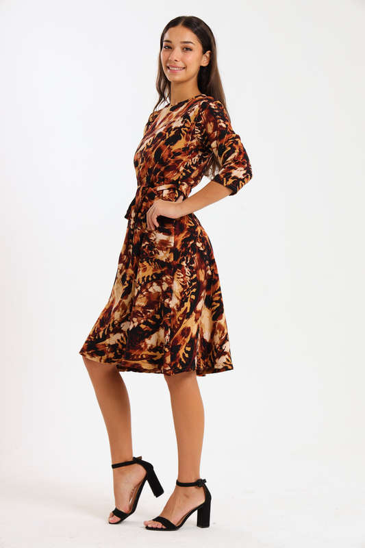 Ladies Printed Belted Midi Dress