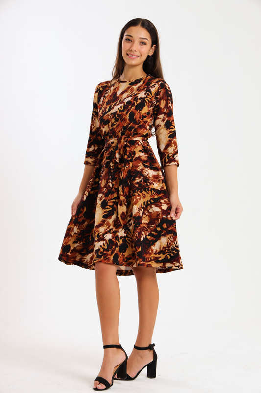 Ladies Printed Belted Midi Dress