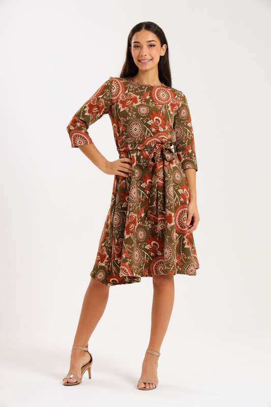 Ladies Printed Belted Midi Dress