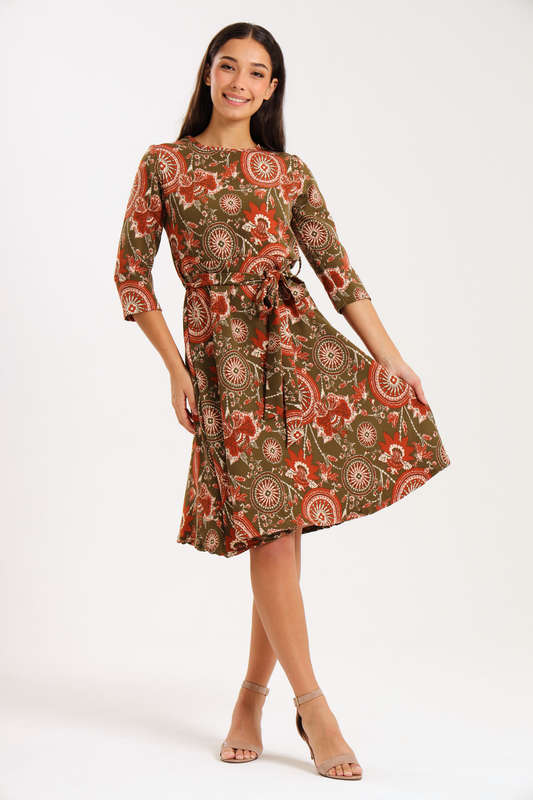 Ladies Printed Belted Midi Dress