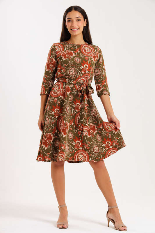 Ladies Printed Belted Midi Dress