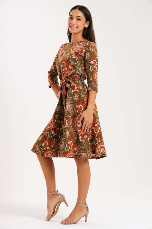 Ladies Printed Belted Midi Dress