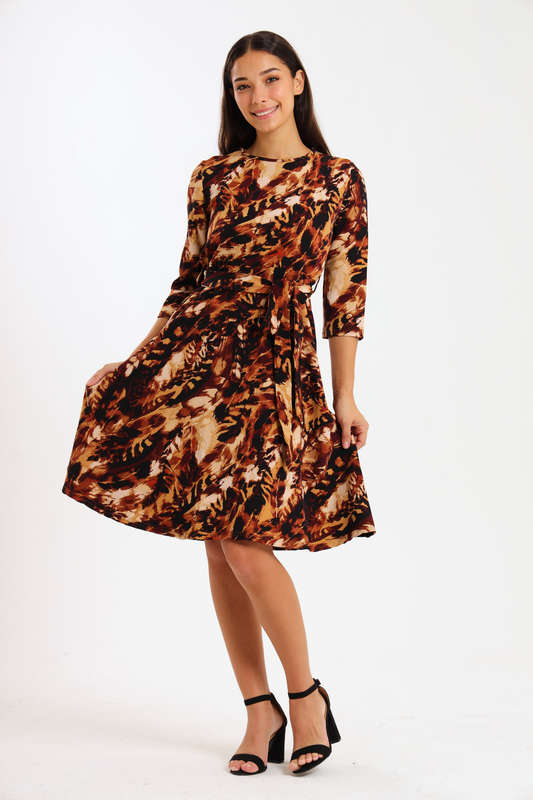 Ladies Printed Belted Midi Dress
