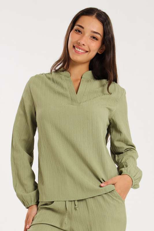 Ladies Long Sleeve V-Neck Henley Top