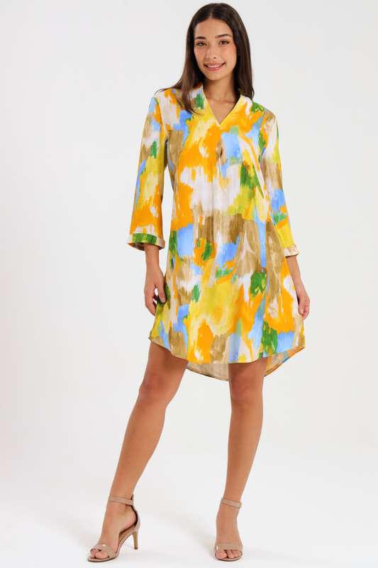 Ladies  3/4 Sleeve Printed Vicose Henley Dress
