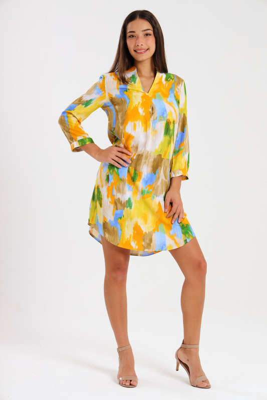 Ladies  3/4 Sleeve Printed Vicose Henley Dress