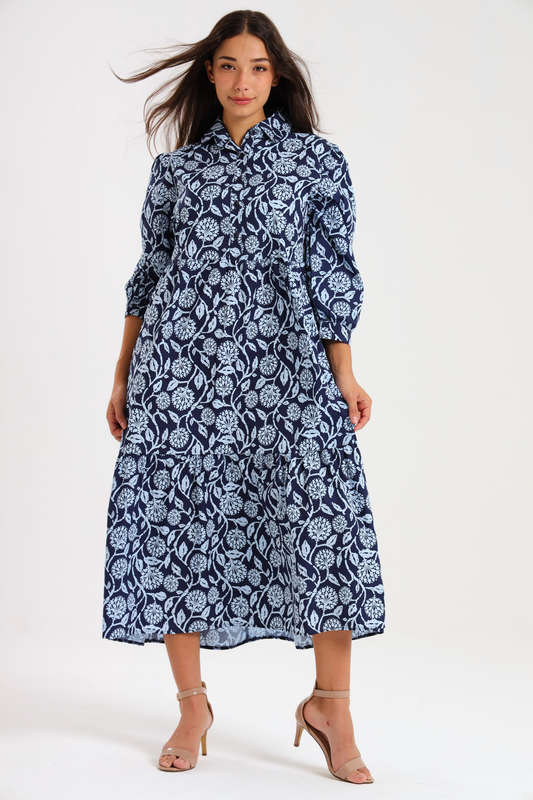 Lillian Long Sleeve Printed Collar Maxi Dress