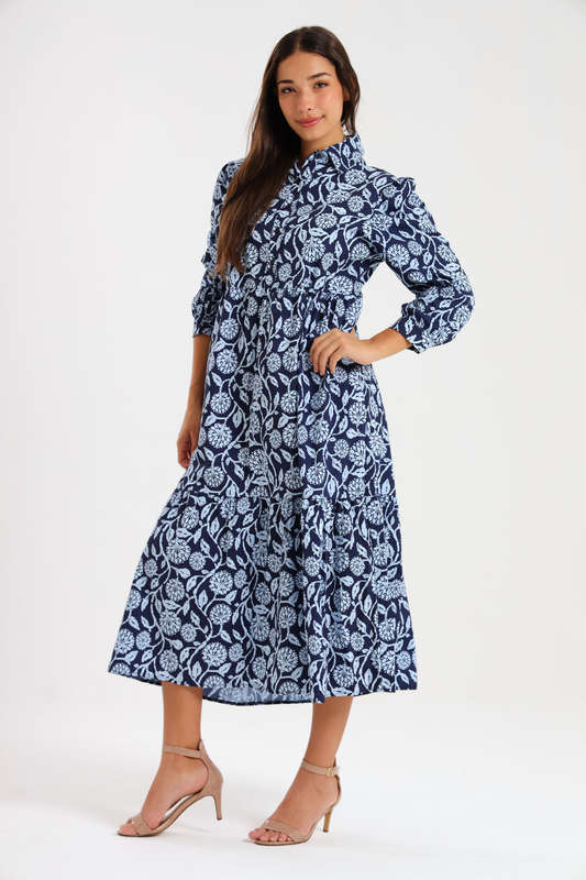 Lillian Long Sleeve Printed Collar Maxi Dress