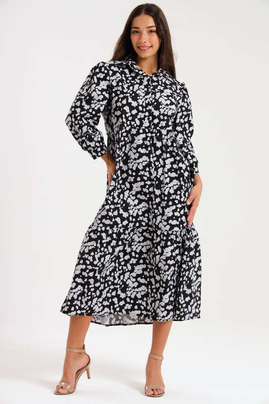 Lillian Long Sleeve Printed Collar Maxi Dress