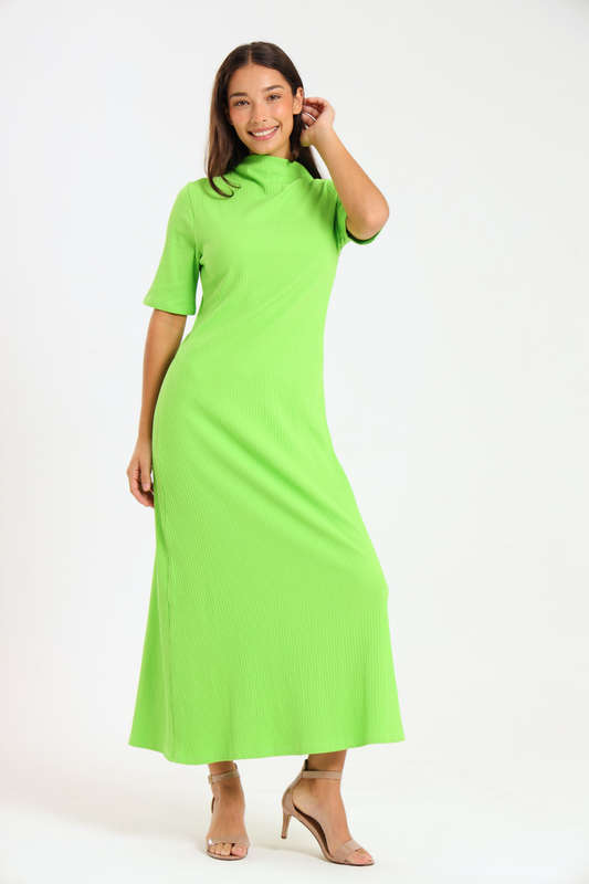 Ladies Short Sleeve Ribbed High Neck Midaxi Dress