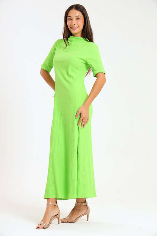 Ladies Short Sleeve Ribbed High Neck Midaxi Dress