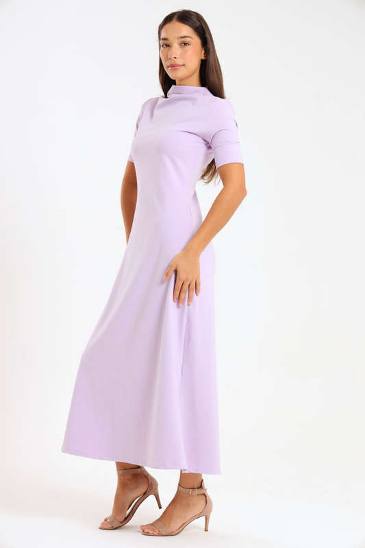 Ladies Short Sleeve Ribbed High Neck Midaxi Dress